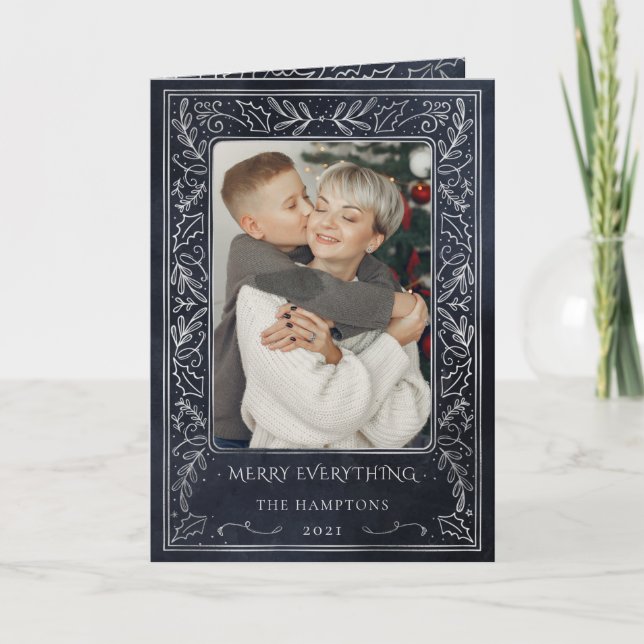 Navy Silver Pine Holly Berry Photo Holiday Card (Front)