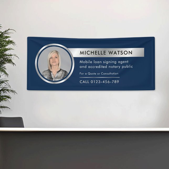 Navy & Silver Promotional Corporate Business Photo Banner (Corporate chrome silver effect and navy blue background photo promotional fabric banner)