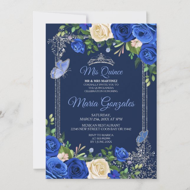Navy Silver Quinceanera Mexican Girl 15th Birthday Invitation (Front)