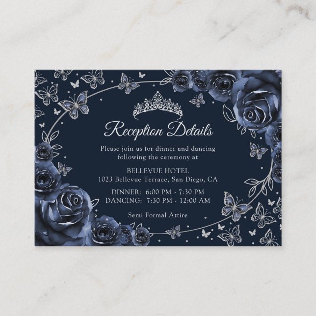 Navy Silver Quinceanera Reception Details Enclosure Card (Front)