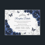 Navy Silver Quinceanera Reception Details Enclosure Card<br><div class="desc">Navy silver Quinceanera reception details enclosure cards. Features,  script font,  silver butterflies,  watercolor roses and tiara. Perfect for an elegant princess style glam celebration. Personalize with your own details.</div>