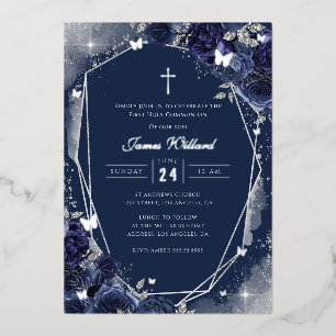 Navy Silver Rose Boys First Communion Foil