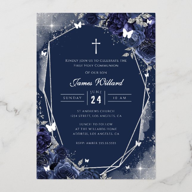 Navy Silver Rose Boys First Communion Foil (Front)