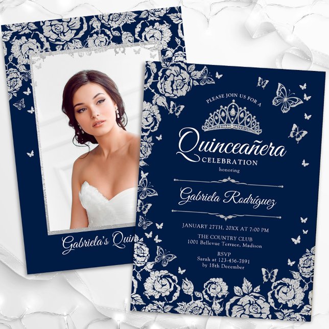 Navy Silver Roses Butterflies Quinceanera Photo Invitation (Creator Uploaded)