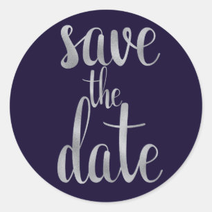 Navy & silver save the date stickers, foil font classic round sticker