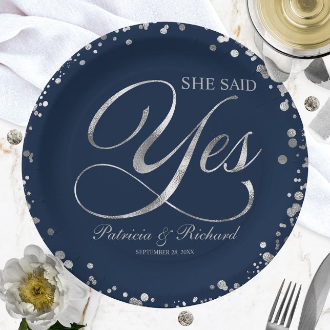 Navy Silver She Said Yes Engagement Party Paper Plate (Creator Uploaded)