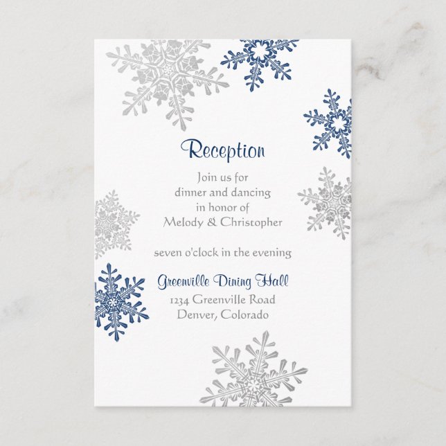 Navy Silver Snowflake Winter Wedding Reception Enclosure Card (Front)