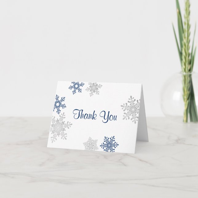 Navy Silver Snowflake Winter Wedding Thank You (Front)