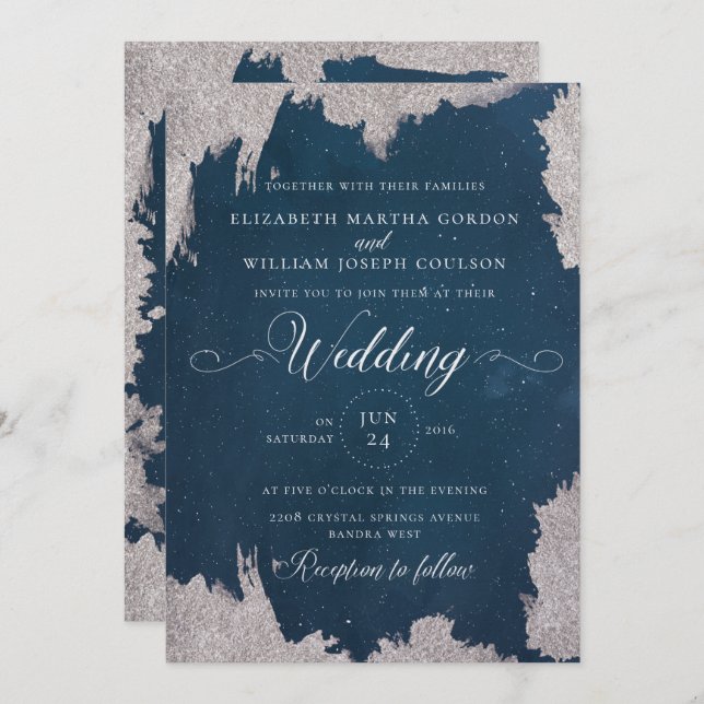 Navy Silver Star Celestial Winter Wedding Card (Front/Back)