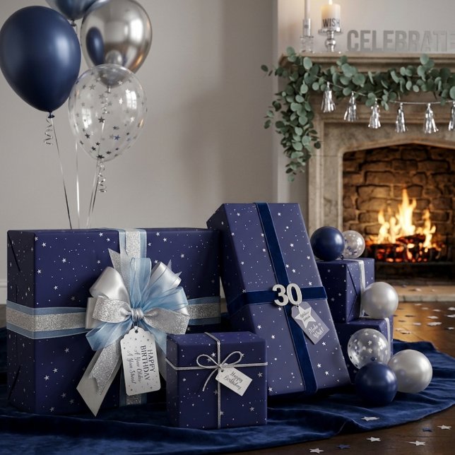 Navy Silver Starry Night Minimalist Gift Wrapping Paper (Creator Uploaded)