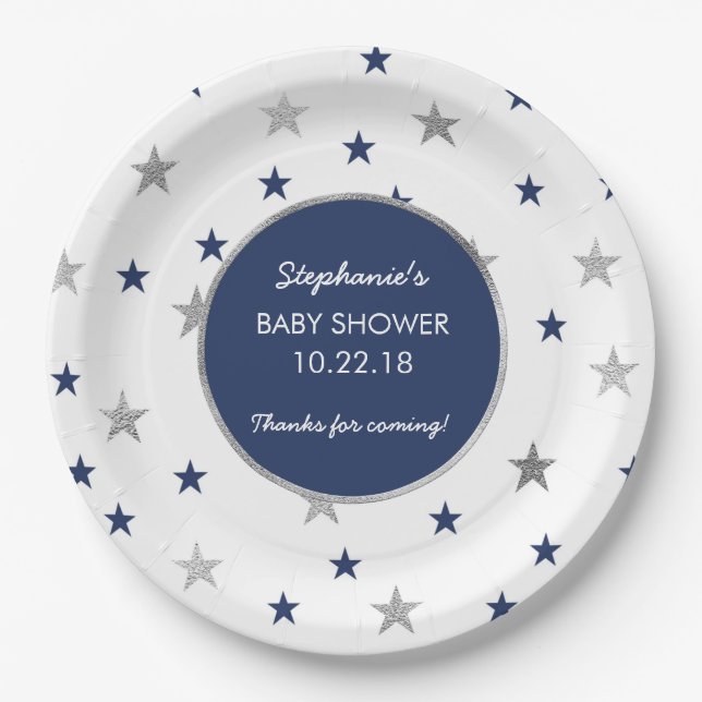 Navy Silver Stars Twinkle Baby shower decor Paper Plate (Front)