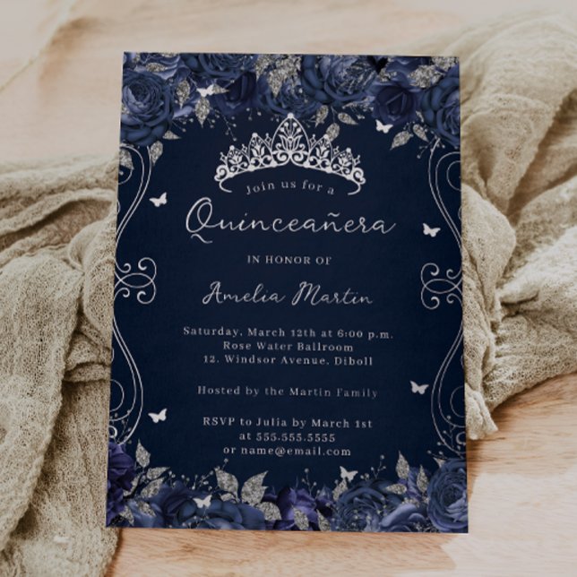 Navy Silver Swirl Scroll Floral Quinceanera  (Creator Uploaded)