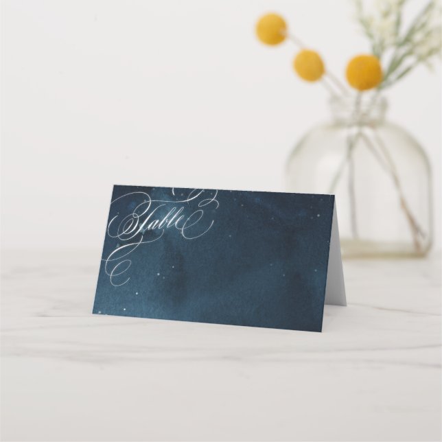 Navy silver vintage calligraphy glam wedding place card (Front)