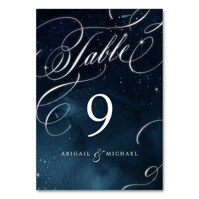 Navy silver vintage calligraphy glam wedding table number (Back)
