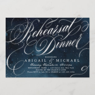 Navy silver vintage calligraphy rehearsal dinner invitation