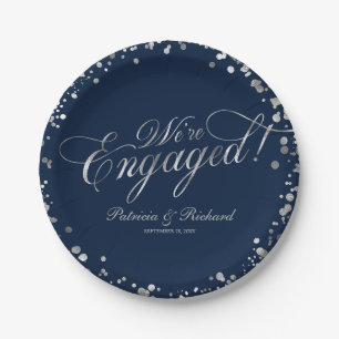 Navy Silver We're Engaged Engagement Party Paper Plate