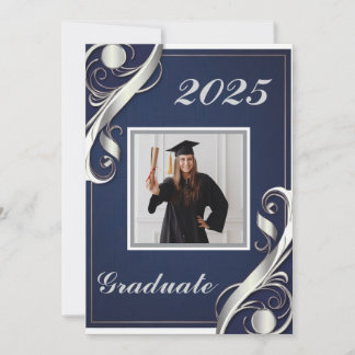 Navy Silver White Graduation Invitation