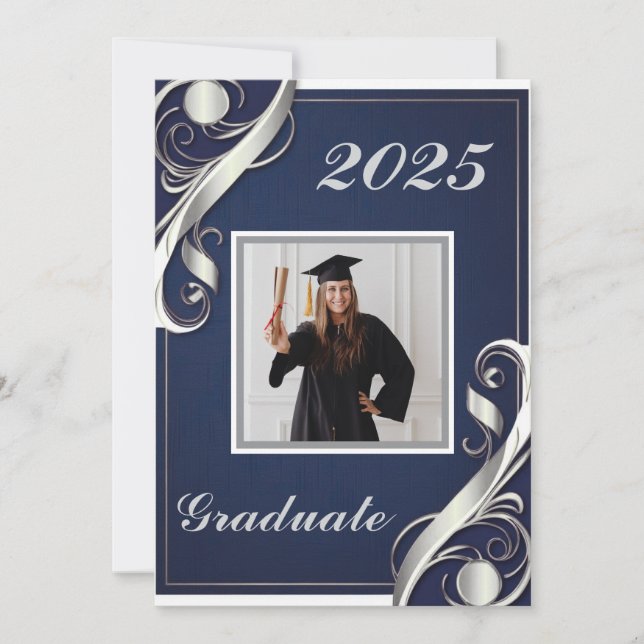 Navy Silver White Graduation Invitation (Front)
