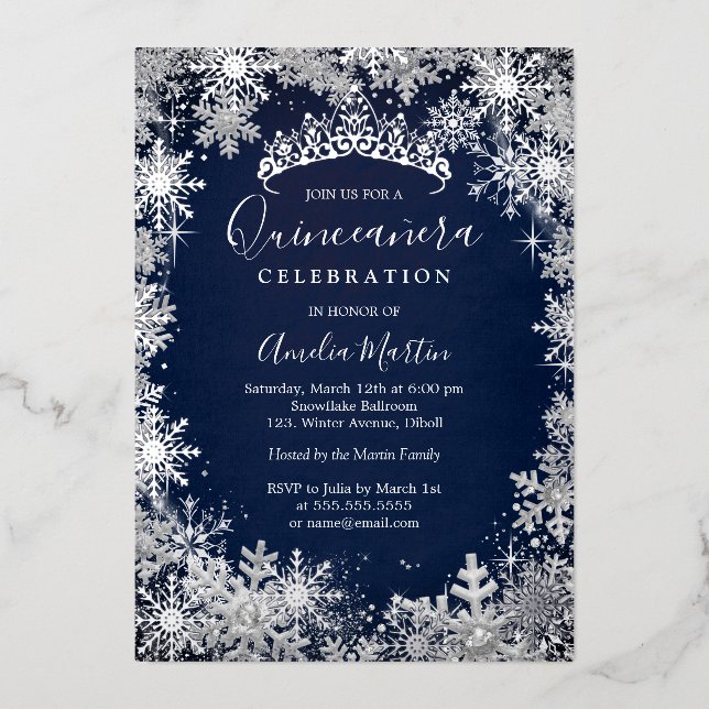 Navy Silver Winter Snowflake Quinceanera (Front)