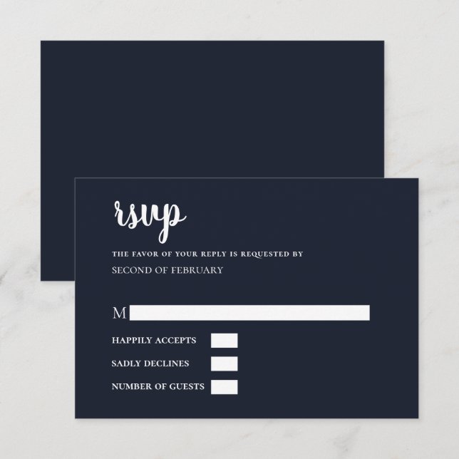 Navy Simple Calligraphy Modern RSVP Card (Front/Back)