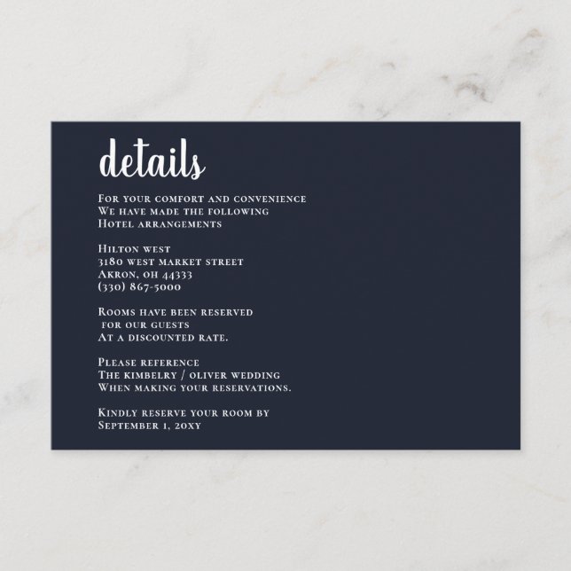 Navy Simple Calligraphy Modern Wedding  Enclosure Card (Front)