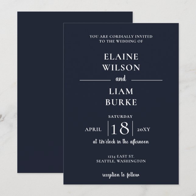Navy Simple Calligraphy Modern Wedding Invitation (Front/Back)