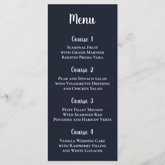 Navy Simple Calligraphy Modern Wedding Menu (Front)