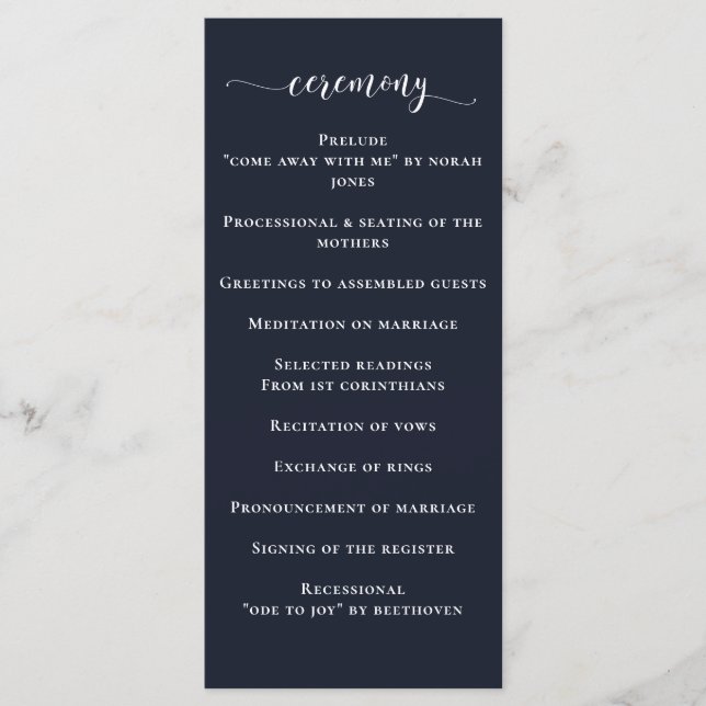Navy Simple Calligraphy Modern Wedding Program Programme (Front)