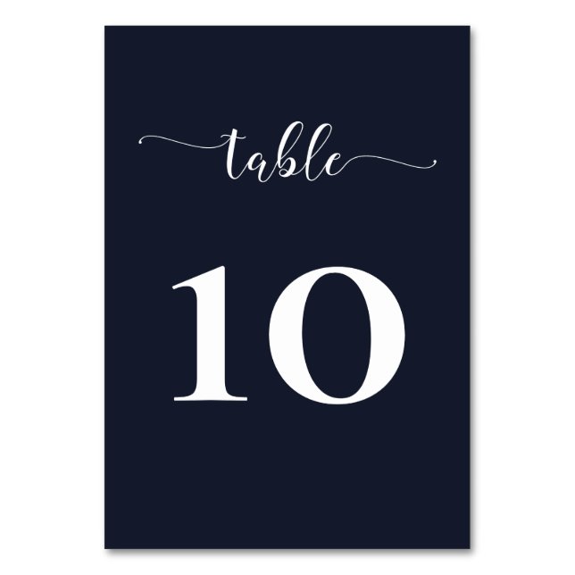 Navy Simple Calligraphy Modern Wedding  Table Number (Front)