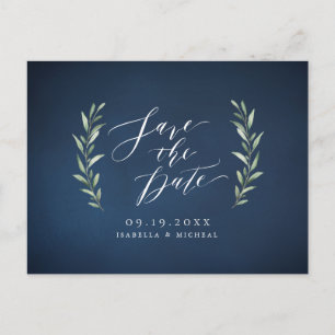 Navy simple calligraphy rustic greenery wedding announcement postcard