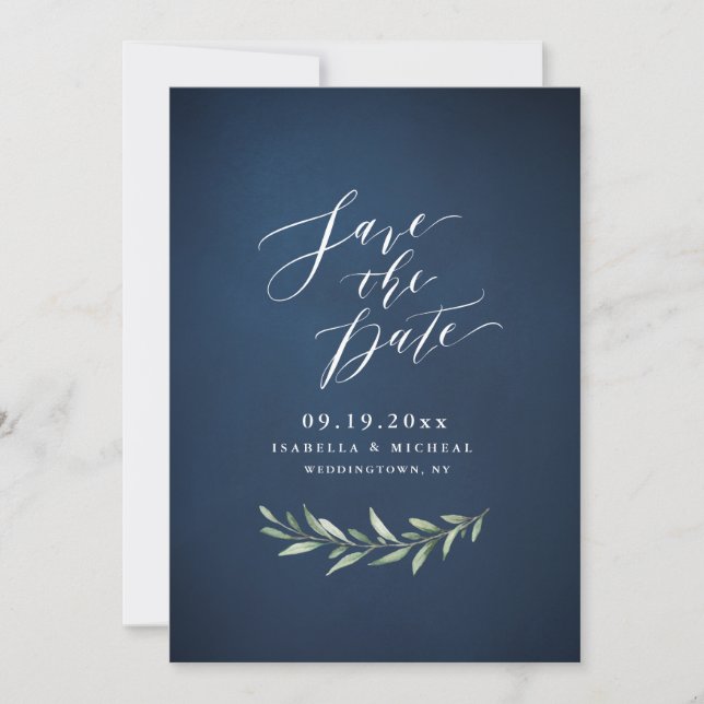 Navy simple calligraphy rustic greenery wedding save the date (Front)