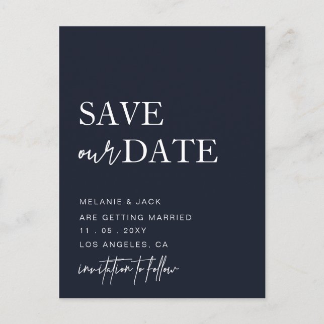 Navy Simple Calligraphy Save The Date  Announcement Postcard (Front)