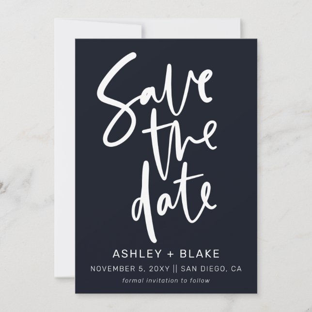 Navy Simple Handwritten Calligraphy Save the Date (Front)