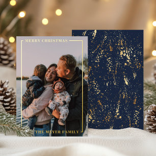 Navy Simple Modern Gold Foil Border Holiday Card