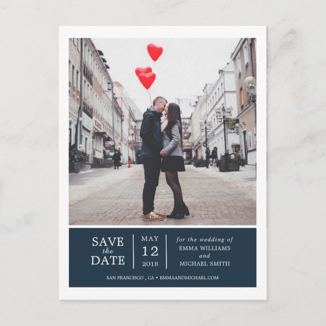 Navy Simple & Modern Photo Save the Date Announcement Postcard (Front)