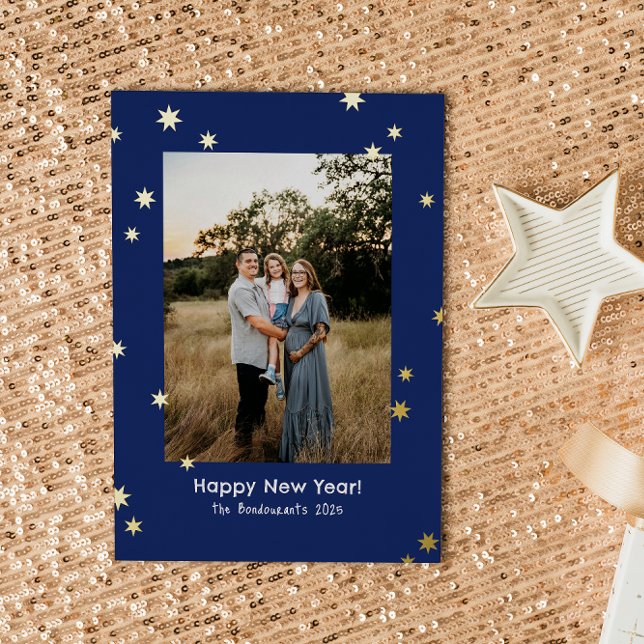 Navy Simple Shiny Stars One Photo Happy New Year (navy blue with shiny gold foil stars simple new year photo card)
