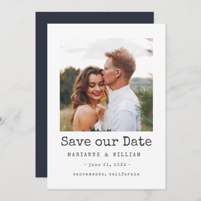 Navy Simple SQUARE Photo wedding save the date (Front/Back)