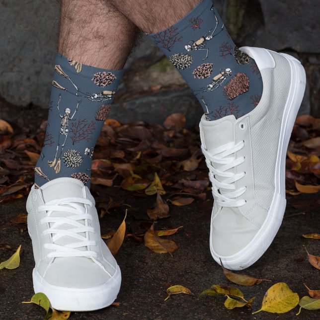 Navy Skeleton Scuba Divers and Coral  Socks (Skeleton Scuba Divers Diving in the Ocean Among Coral, Hand-Drawn in Black Ink. Navy Blue Background)