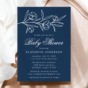 Navy Sketched Floral Baby Shower Invitation