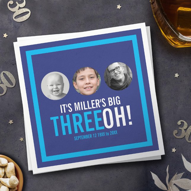 Navy sky blue 30th Three OH! photo birthday  Napkin (Creator Uploaded)