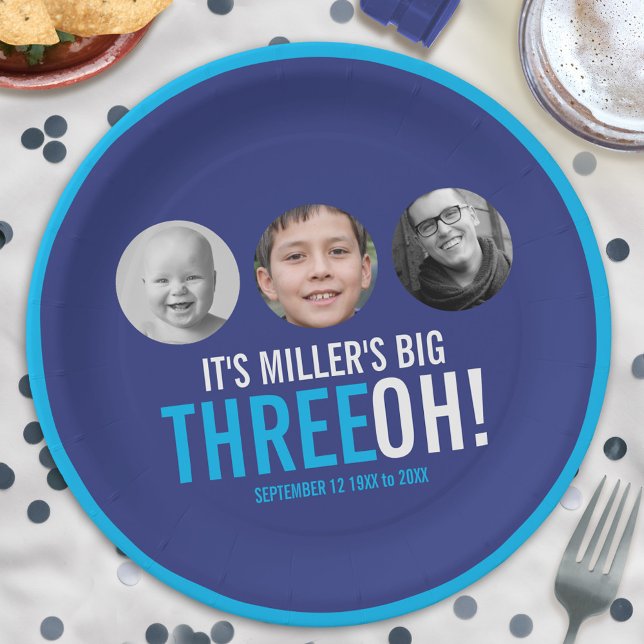 Navy sky blue 30th Three OH! photo birthday Paper Plate (Creator Uploaded)