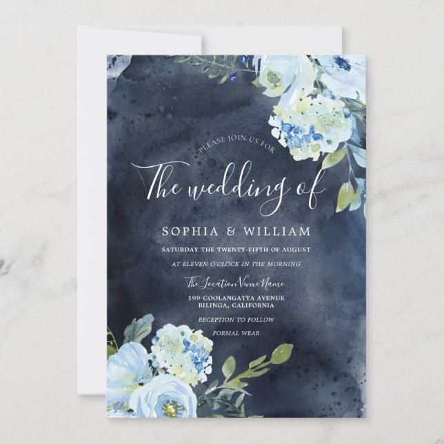 Navy & Sky Blue Watercolor Flowers Wedding Invitation (Front)