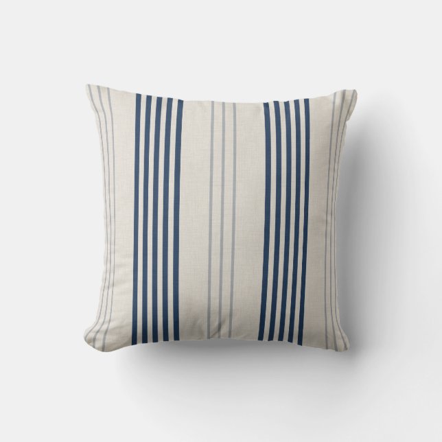 Navy Slate Ticking Stripe Linen Texture Cushion (Front)