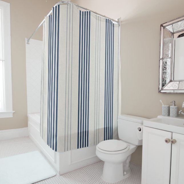 Navy Slate Ticking Stripe Linen Texture Shower Curtain (In Situ)