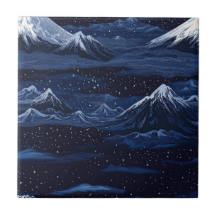 Navy Snow Mountain Starry Night Landscape Pattern Tile