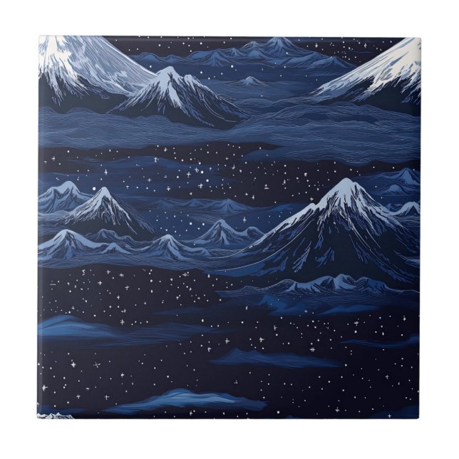 Navy Snow Mountain Starry Night Landscape Pattern Tile (Front)
