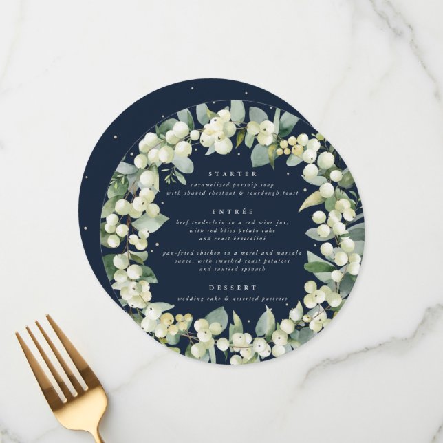 Navy Snowberry+Eucalyptus 3 Course Wedding Menu (Front/Back In Situ)