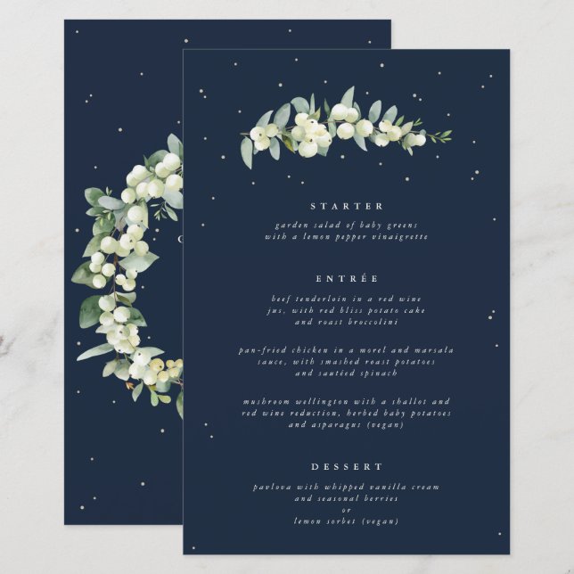 Navy Snowberry+Eucalyptus 3 Course Wedding Menu (Front/Back)