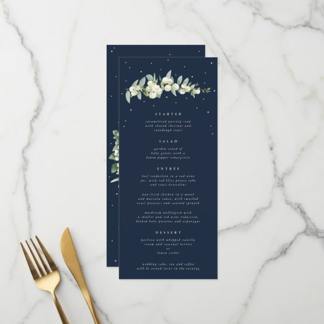 Navy Snowberry+Eucalyptus 4 Course Wedding Flat Menu (Front/Back In Situ)