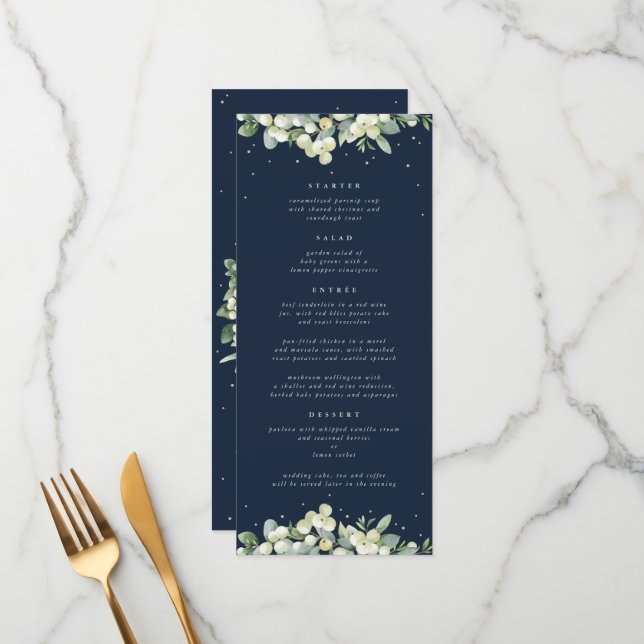 Navy Snowberry+Eucalyptus 4 Course Wedding Flat Menu (Front/Back In Situ)